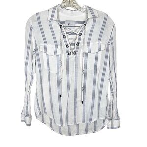 Rails Womens Matea Lace Up Stripe Linen Blend Long Sleeve Shirt Size XS White